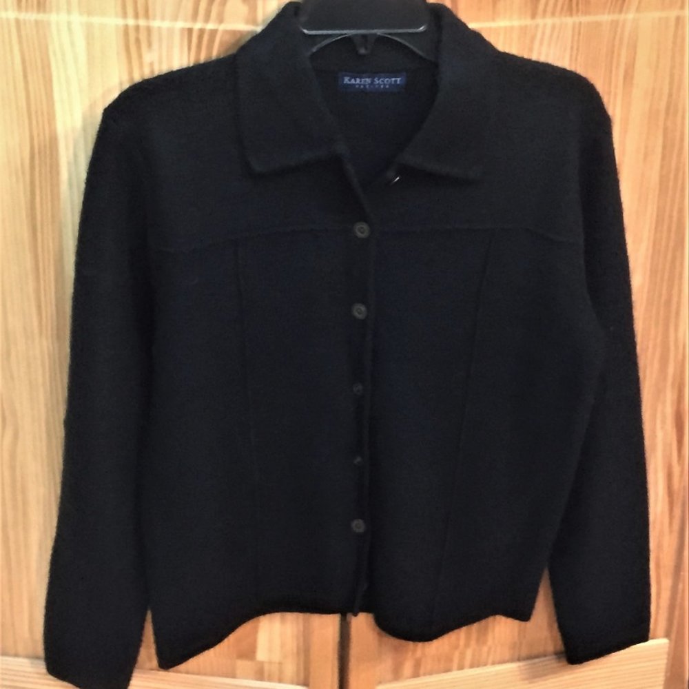 100% Wool Black Cardigan Sweater Karen Scott PM